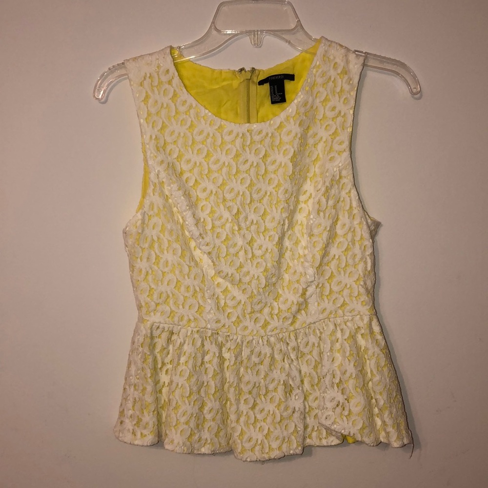 Forever 21 Yellow and White Eyelet Peplum Top